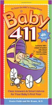 Baby 411 book cover with a purple baby bathtub and cartoon baby, orange background, 4th edition