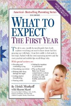 Book cover for “What to Expect the First Year” with a baby on the lower right and teal and white title text