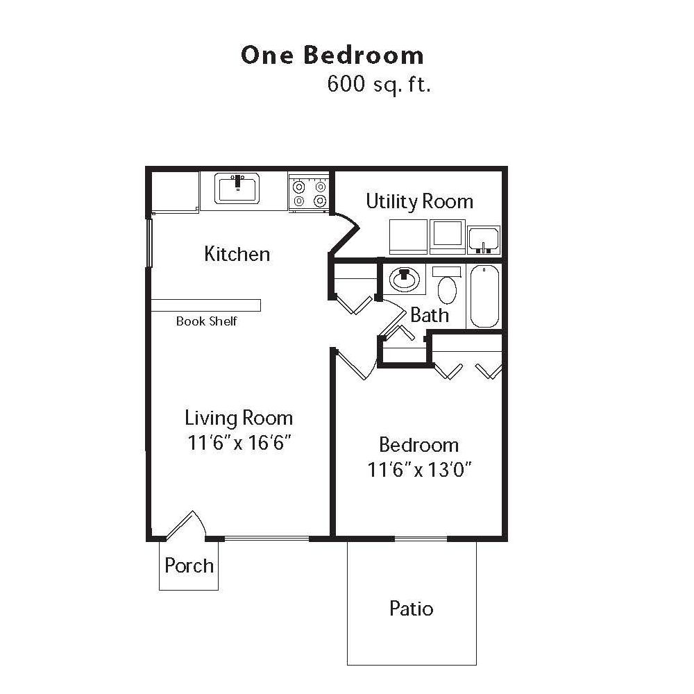 A black and white floor plan of a one bedroom apartment.