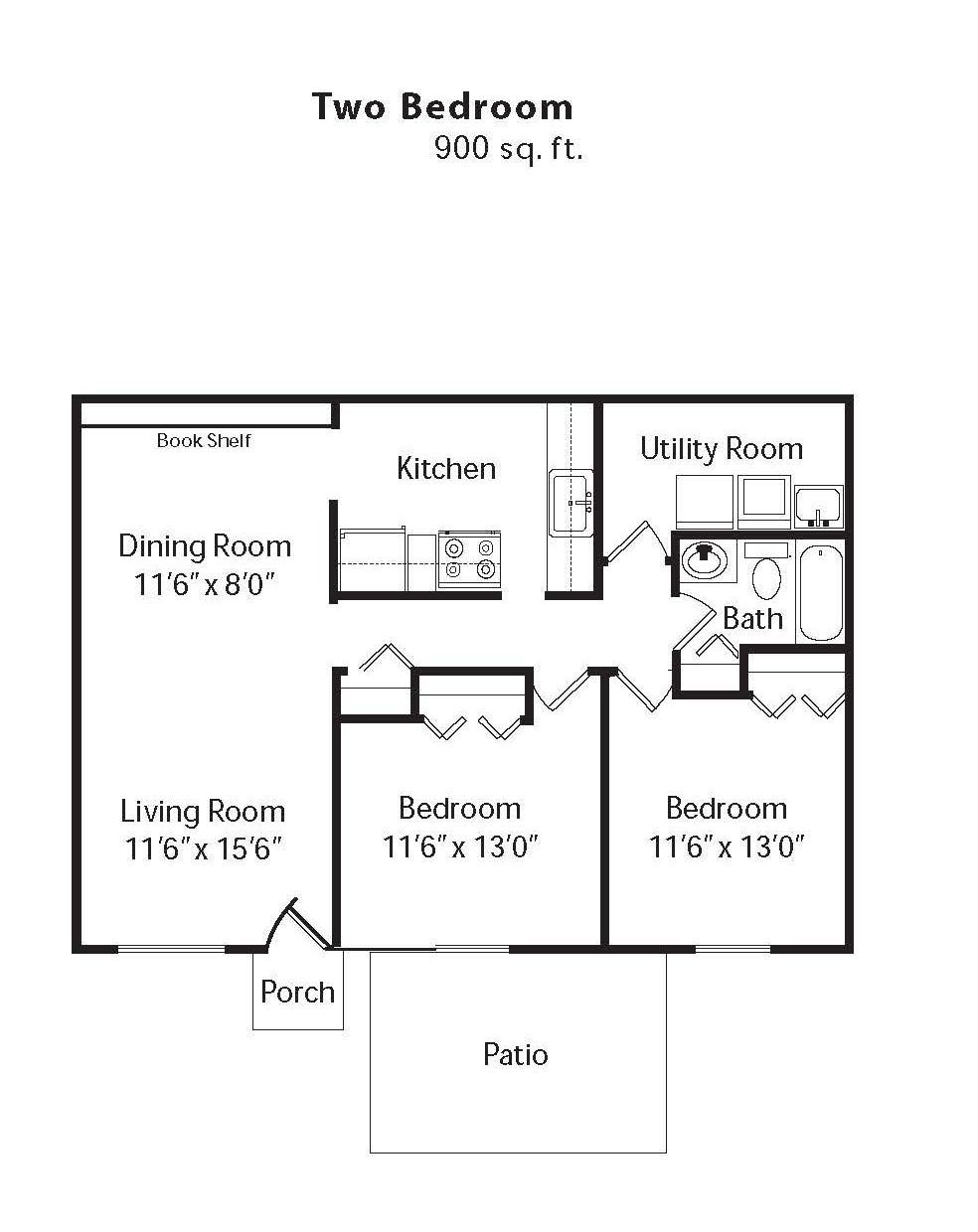 A black and white floor plan of a two bedroom apartment.