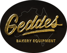 A black and gold logo for geddes bakery equipment