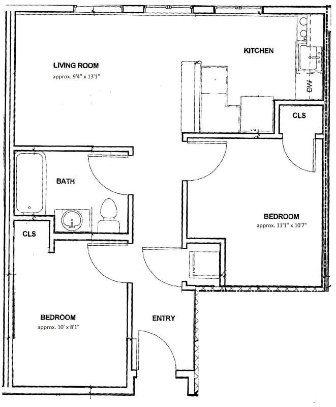 Black-and-white apartment floor plan with living room, kitchen, bath, two bedrooms, closets, and entry.