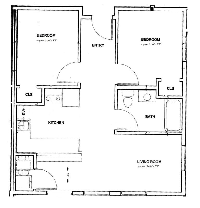 Apartment floor plan with two bedrooms, kitchen, bath, living room, and entry hallway