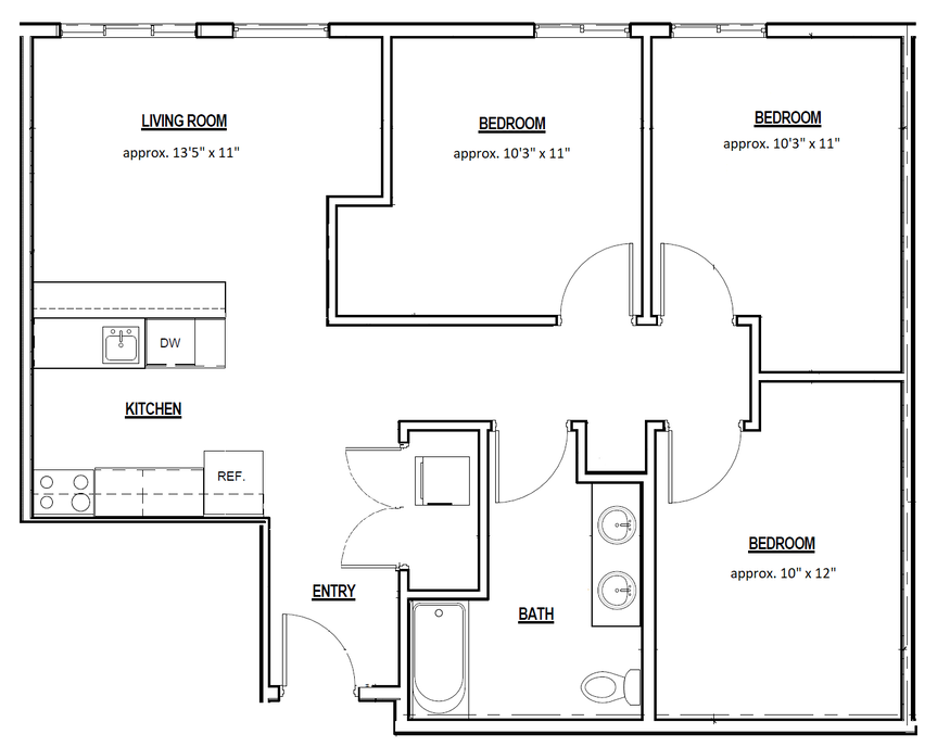 Black-and-white apartment floor plan with kitchen, living room, bedroom, bathroom, and closets.