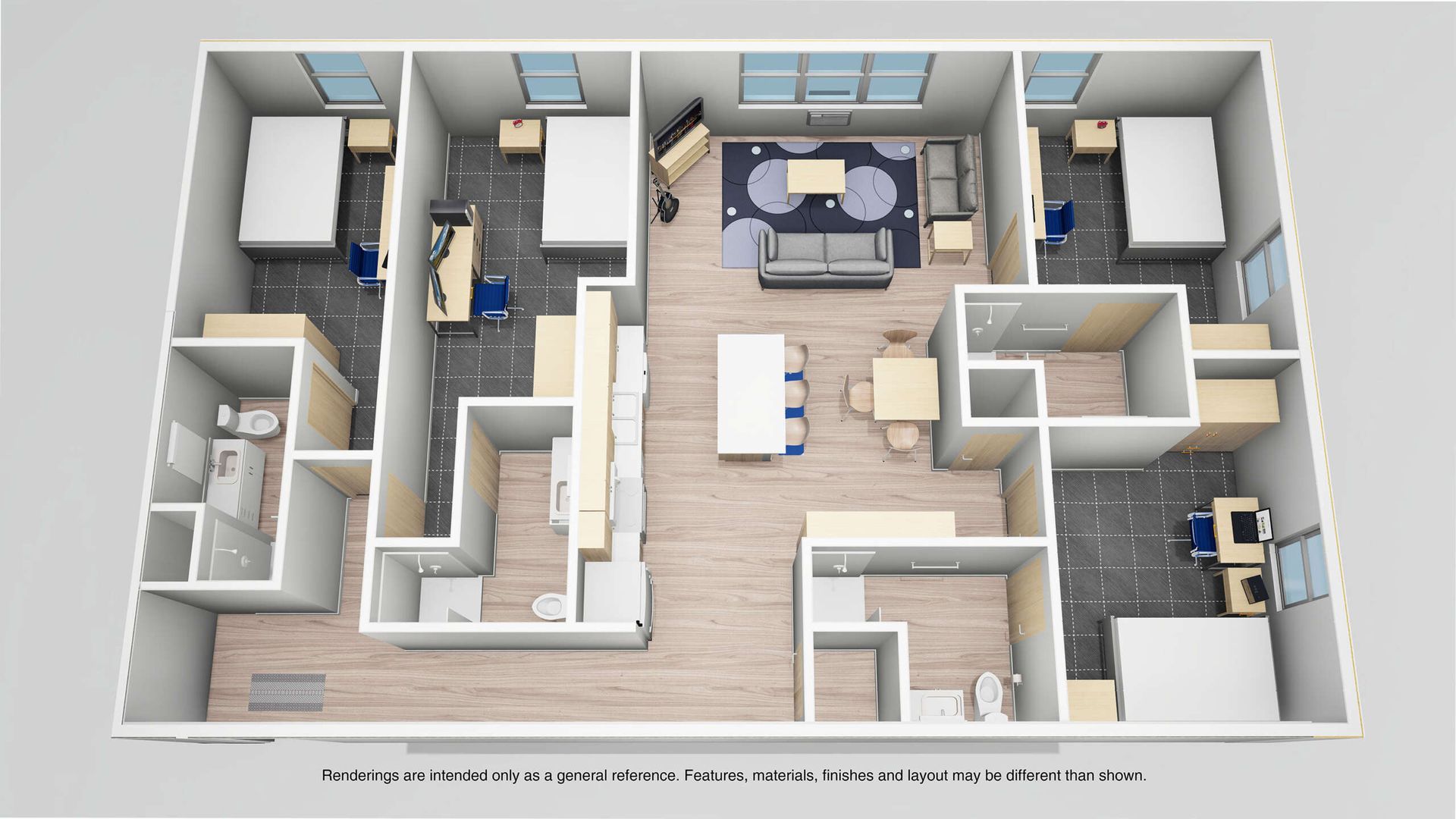 3D floor plan of a compact apartment with kitchen, living room, bedroom, bathroom, and hallways