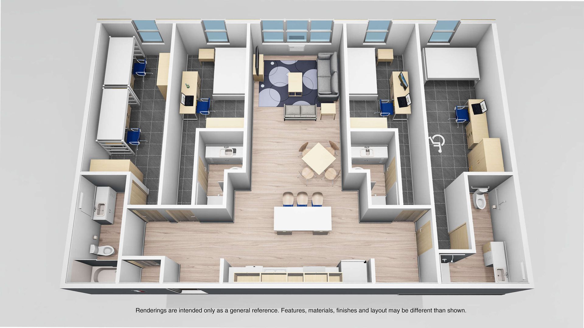 3D floor plan of a small apartment with central living area, bedroom, kitchen, and bathrooms in light neutral tones