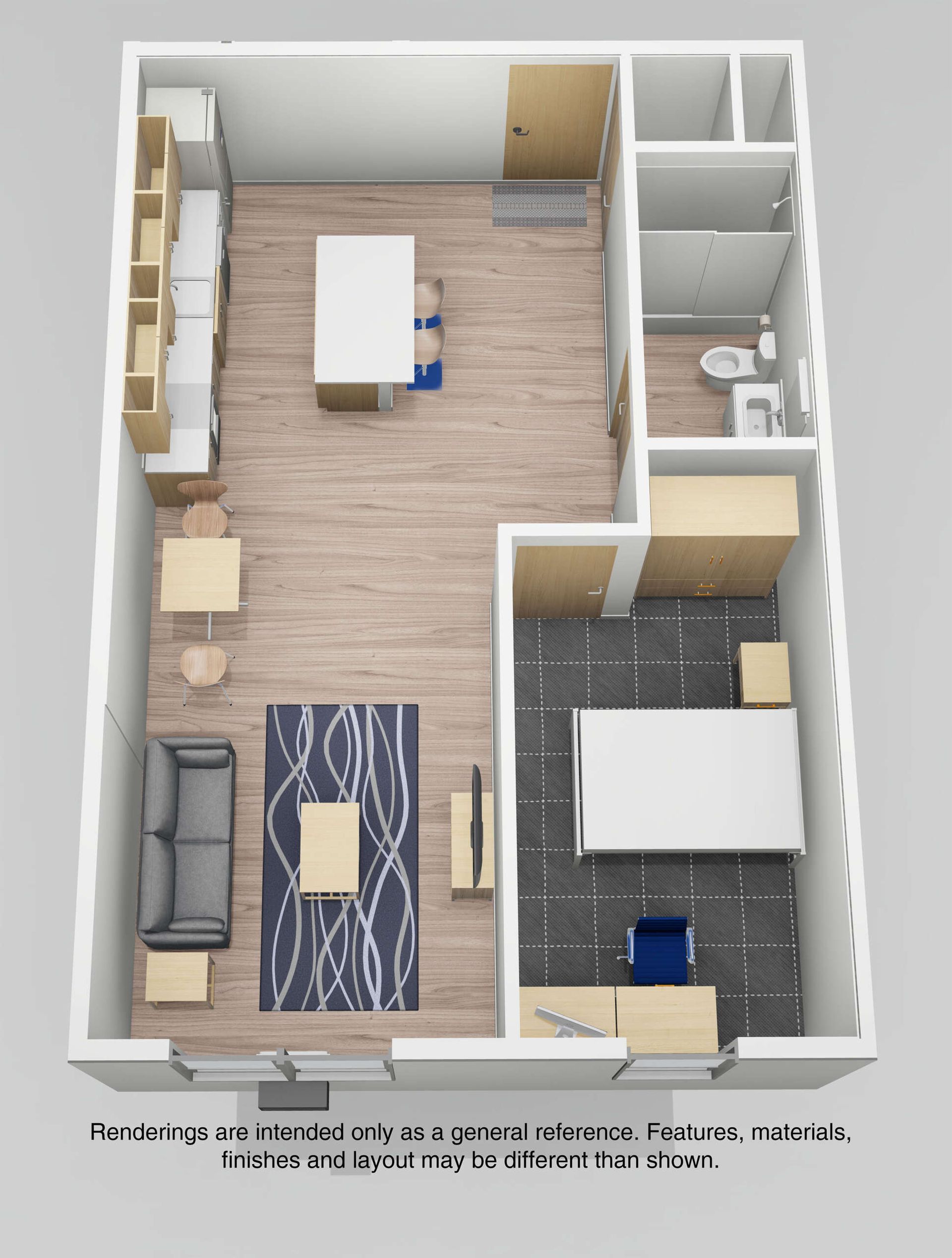 3D floor plan of a small apartment with living area, bedroom, kitchen, and bathroom.
