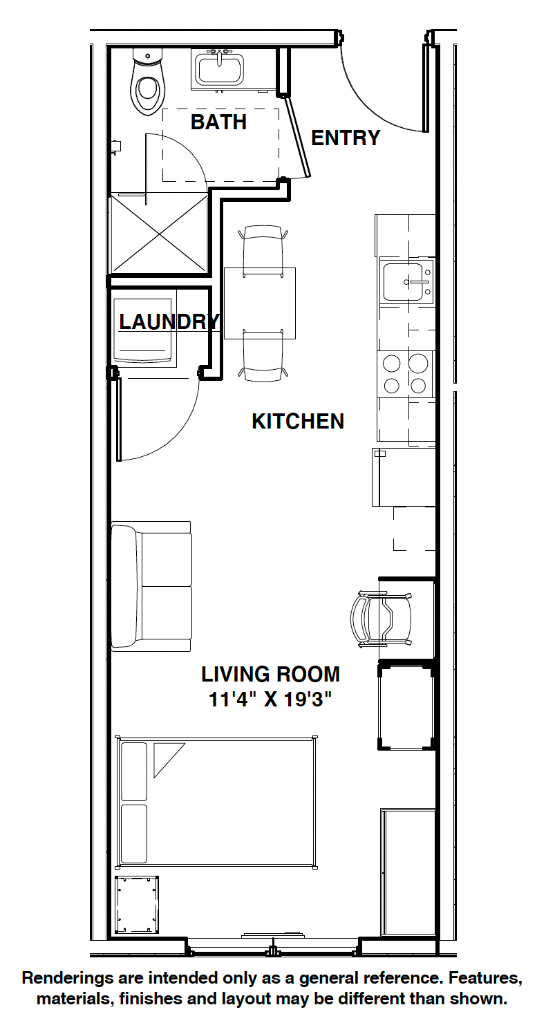 Black-and-white floor plan of a small apartment with entry, kitchen, laundry, living room, and bathroom.