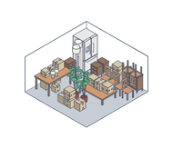 Isometric storage room with stacked boxes, tables, shelves, plants, and a refrigerator-like cabinet