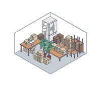 Isometric storage room with stacked boxes, tables, shelves, plants, and a refrigerator-like cabinet