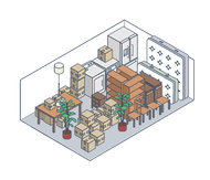 Storage room filled with stacked cardboard boxes, shelves, and potted plants in a warehouse-like space