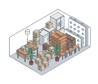 Storage room filled with stacked cardboard boxes, shelves, and potted plants in a warehouse-like space