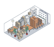 Isometric storage room with stacked cardboard boxes, shelves, cabinets, and a lamp by a wall