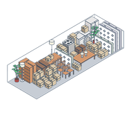 Isometric office warehouse with stacked boxes, desks, shelves, and plants inside a glass-walled room