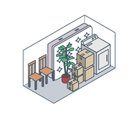 Small storage room with stacked boxes, a potted plant, chairs, and a refrigerator along the walls.