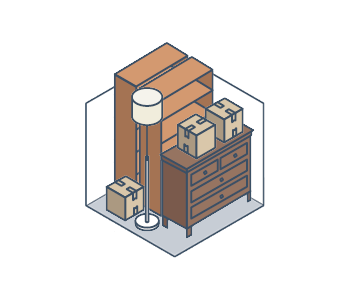 A storage corner with a floor lamp, dresser, cardboard boxes, and folded panels against the walls