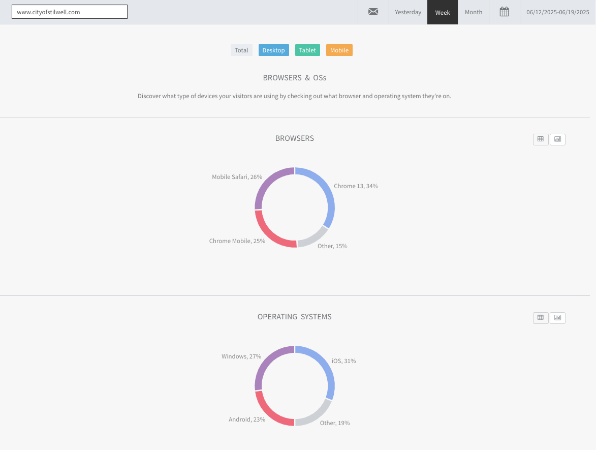 cityofstilwell.com graphs and other reports of all January 2025 website traffic, with user information