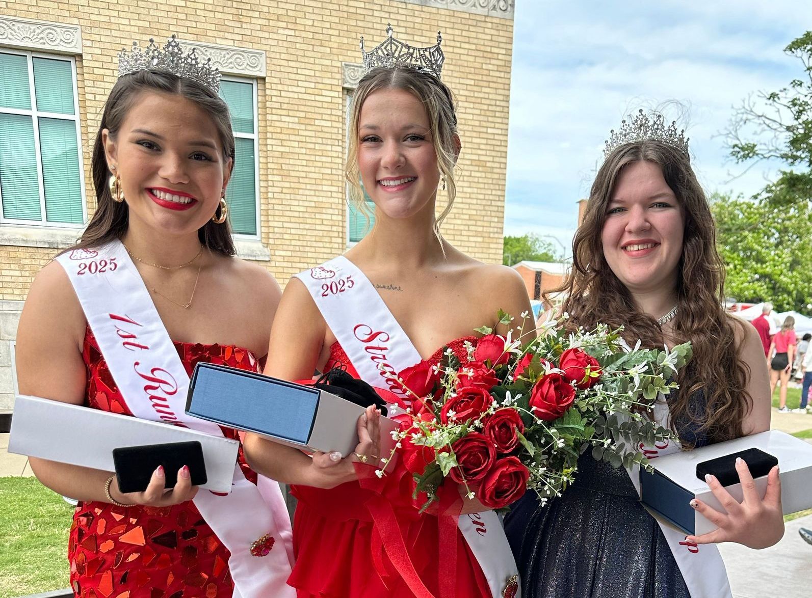 Click to enlarge photo 2025 Strawberry Queen, Karlee Jo Ingram, center, with first runner-up, Samantha Taylor, left and second runner-up Savannah Cunningham, right.