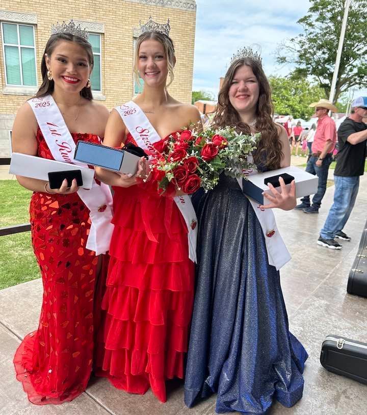 Click for 2025 Strawberry Queen Pageant story 2025-26 Strawberry Queen Karlee Jo Ingram, first runner-up Samantha Taylor, and second runner-up Savannah Cunningham