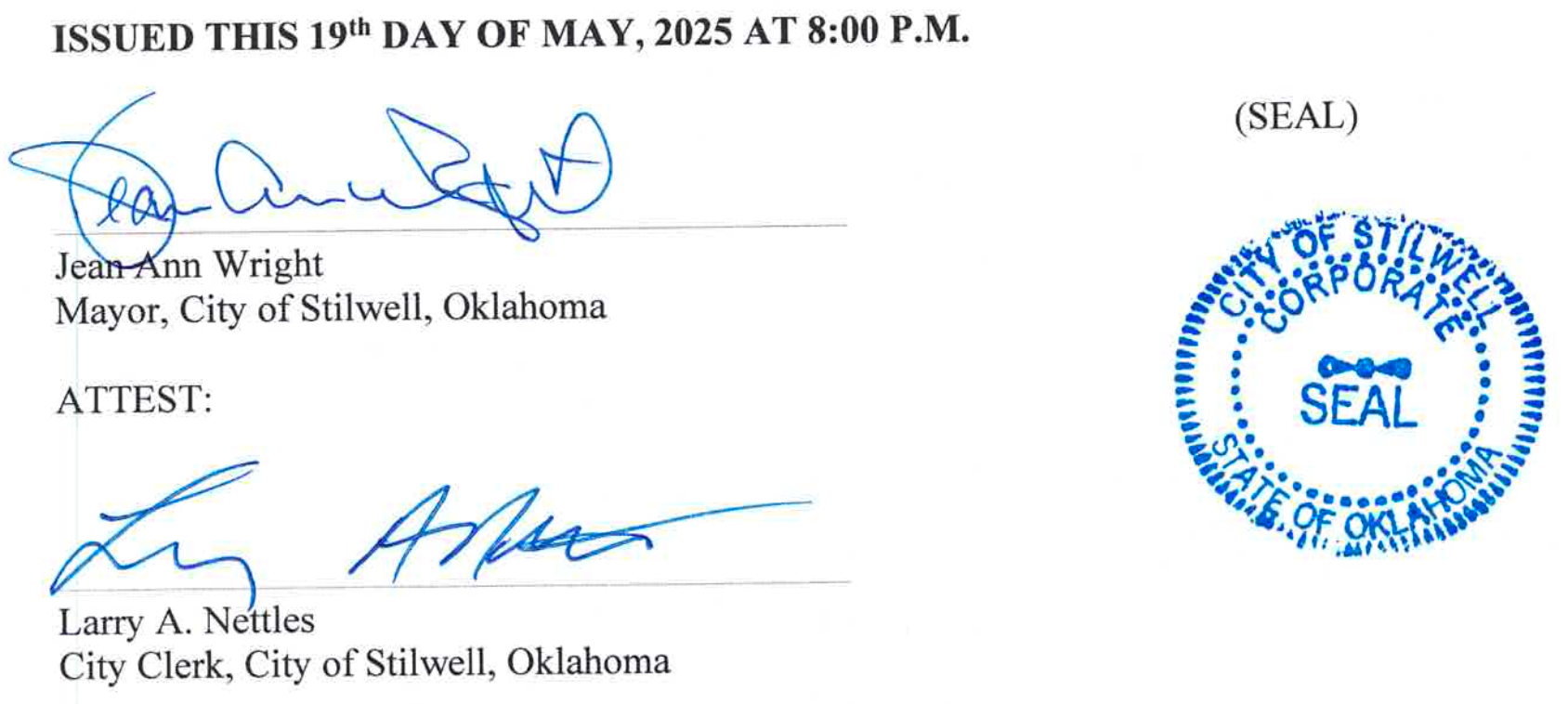 Issued May 19, 2025 at 8:00 p.m., Jean Ann Wright, Mayor, City of Stilwell OK