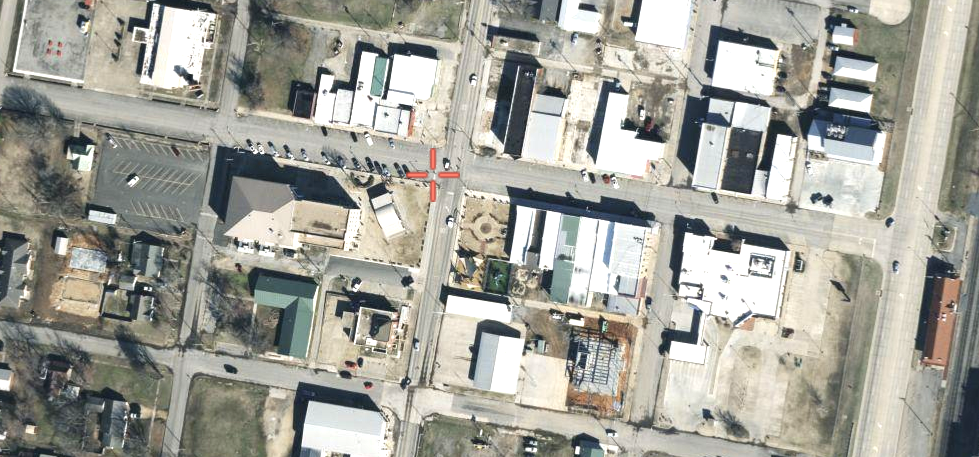 Aerial photo of downtown Stilwell, OK