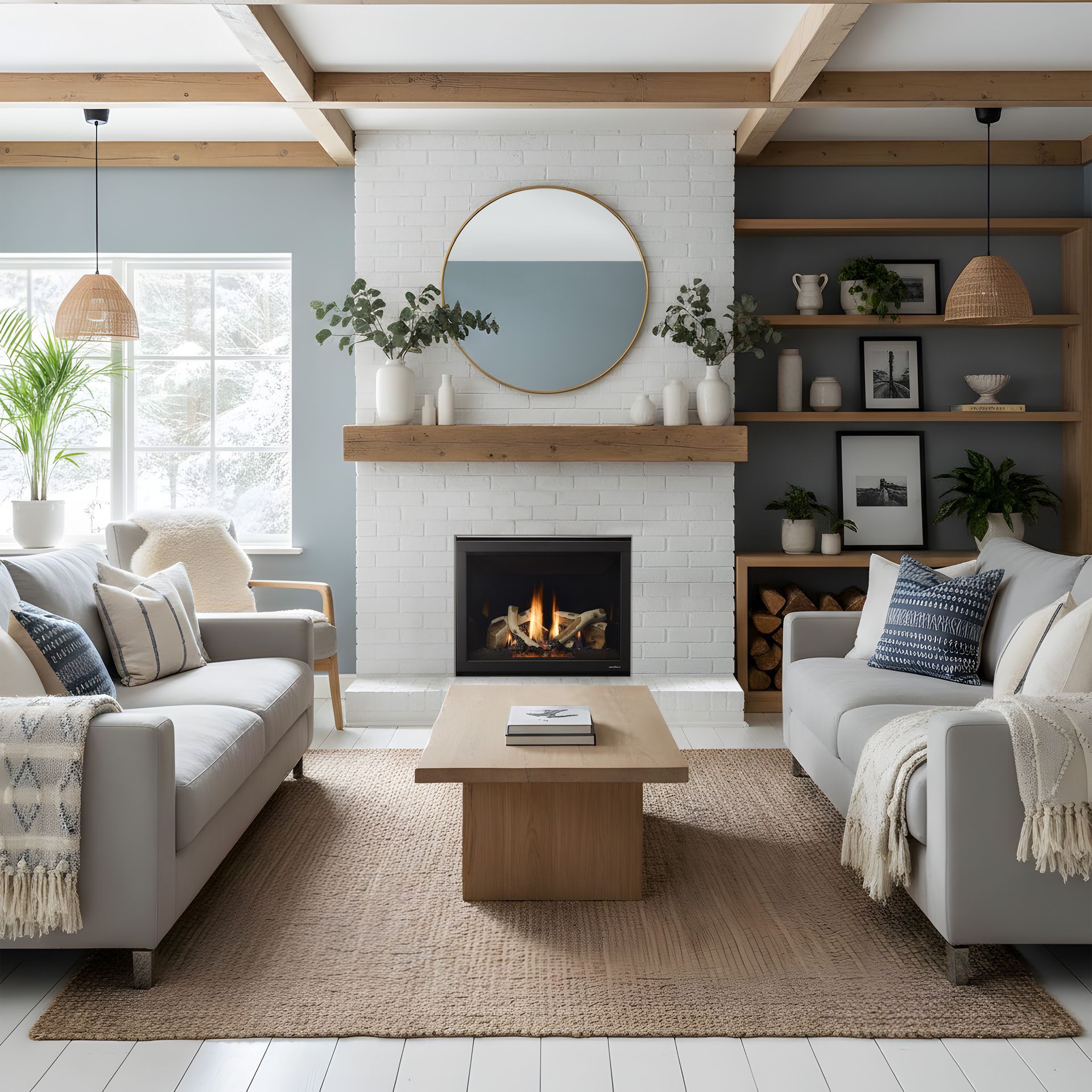 A living room with a fireplace and a painting on the wall above it