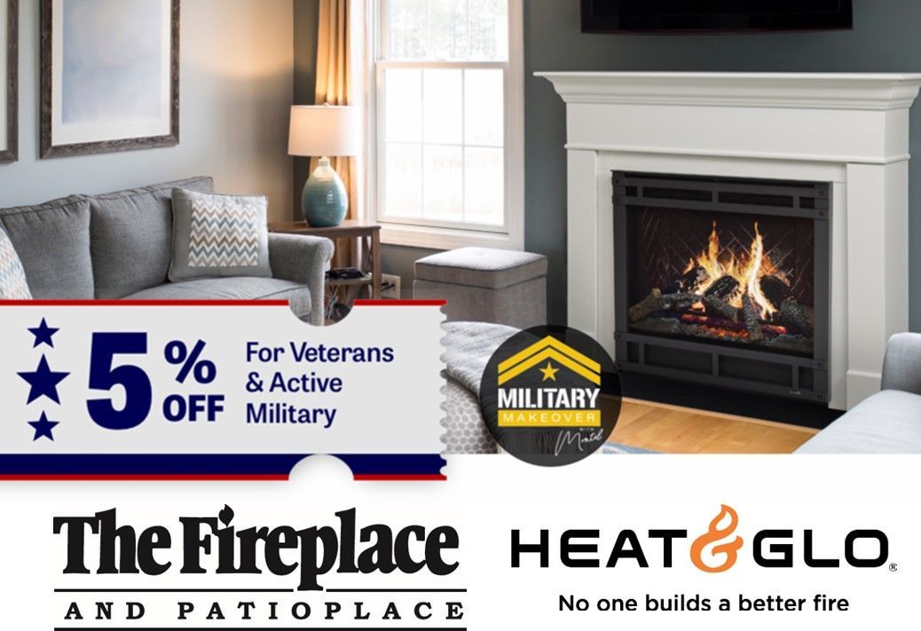 A living room with a fireplace and a sign that says 5 % off for veterans and active military