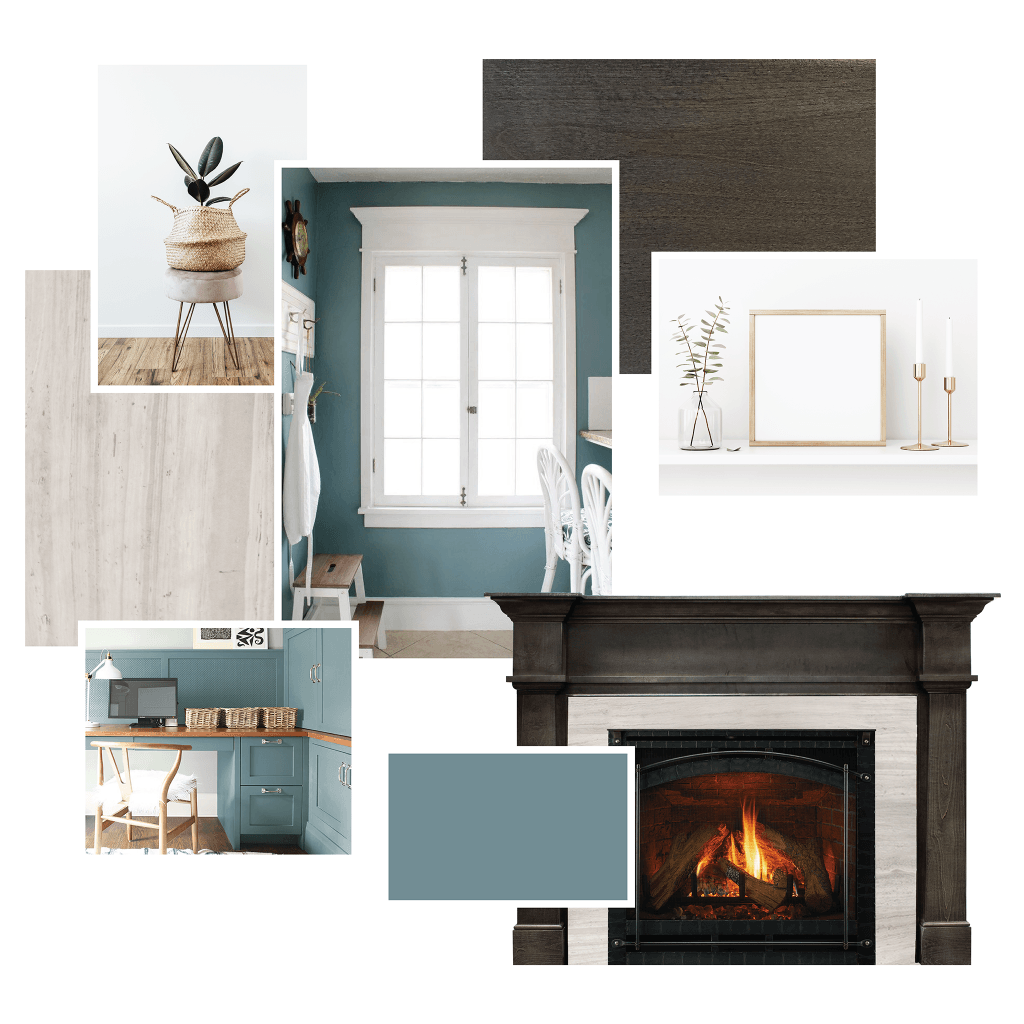 A collage of pictures of a living room with a fireplace.