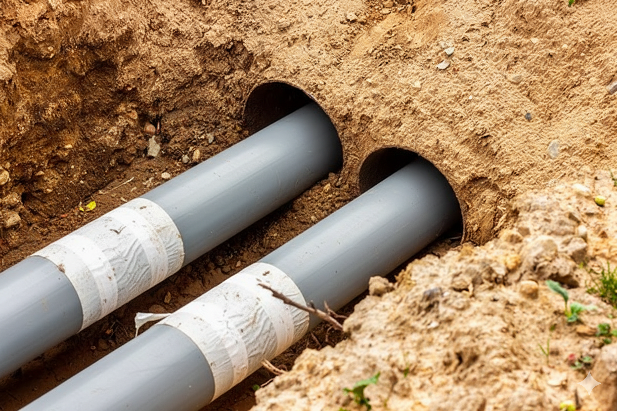 Two gray pipes in a shallow trench, wrapped with white tape, buried in dirt.
