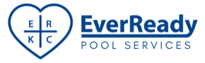A blue and white logo for everready pool services