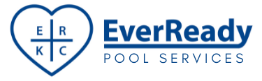 A blue and white logo for everready pool services