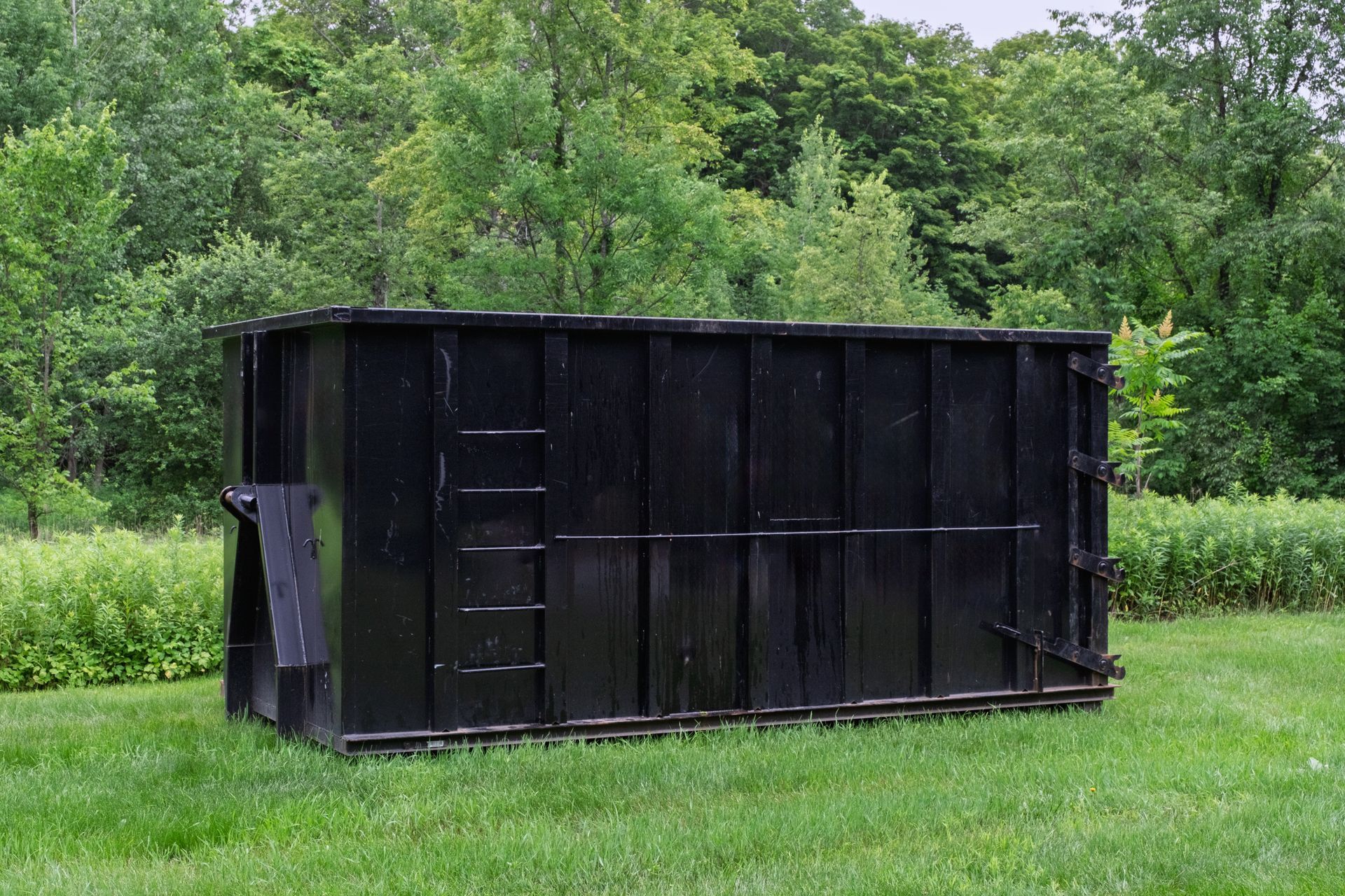 Heavy-duty black steel bin from professional dumpster rental services on a green lawn.