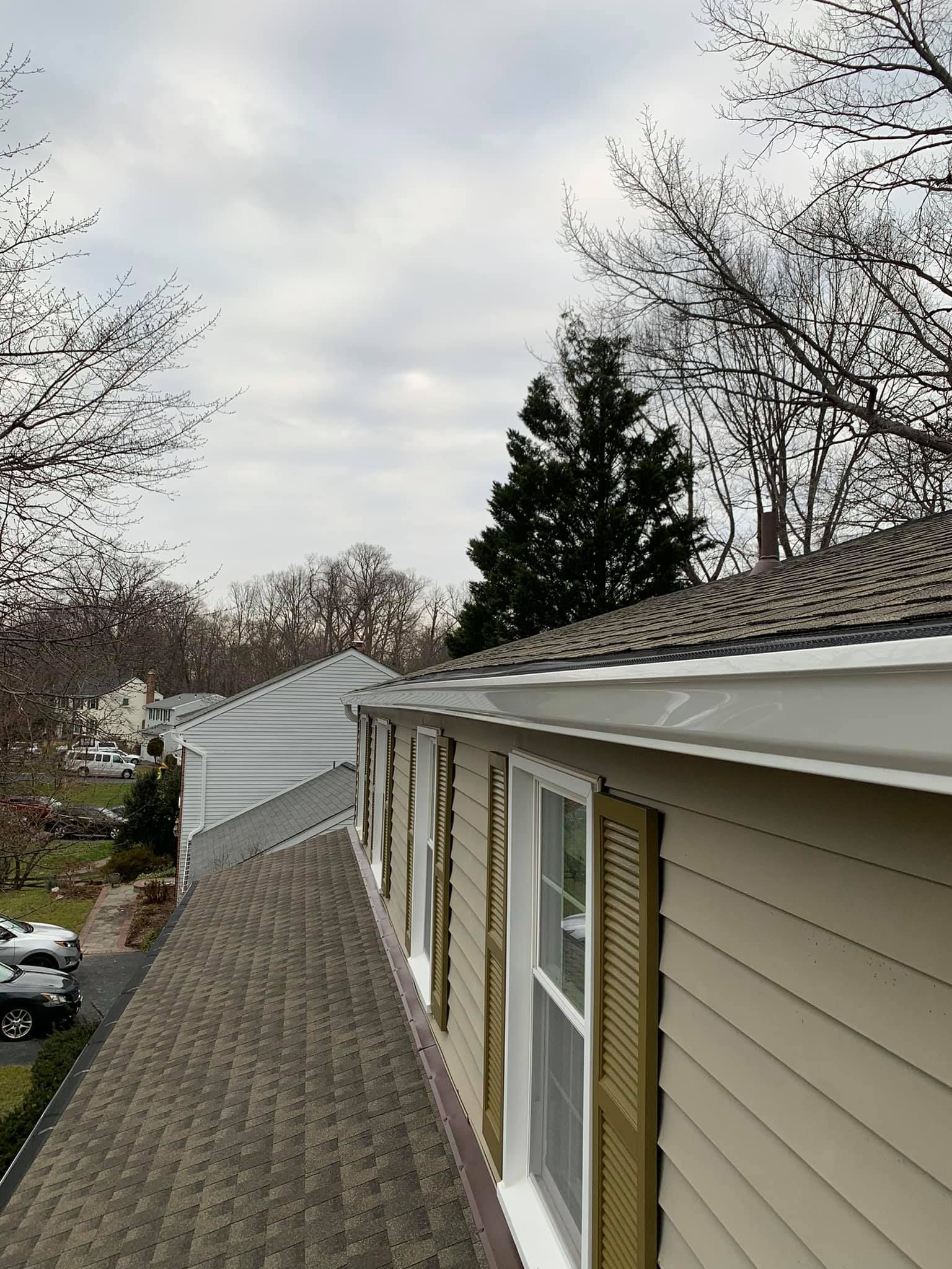 View of a house's roof, siding, and gutters against a cloudy sky, with leafless trees in the background.