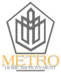 Metro Home Improvement logo: Grey pentagon frame with a stylized emblem and gold text below.