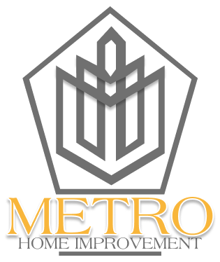 Metro Home Improvement logo: Grey pentagon frame with a stylized emblem and gold text below.