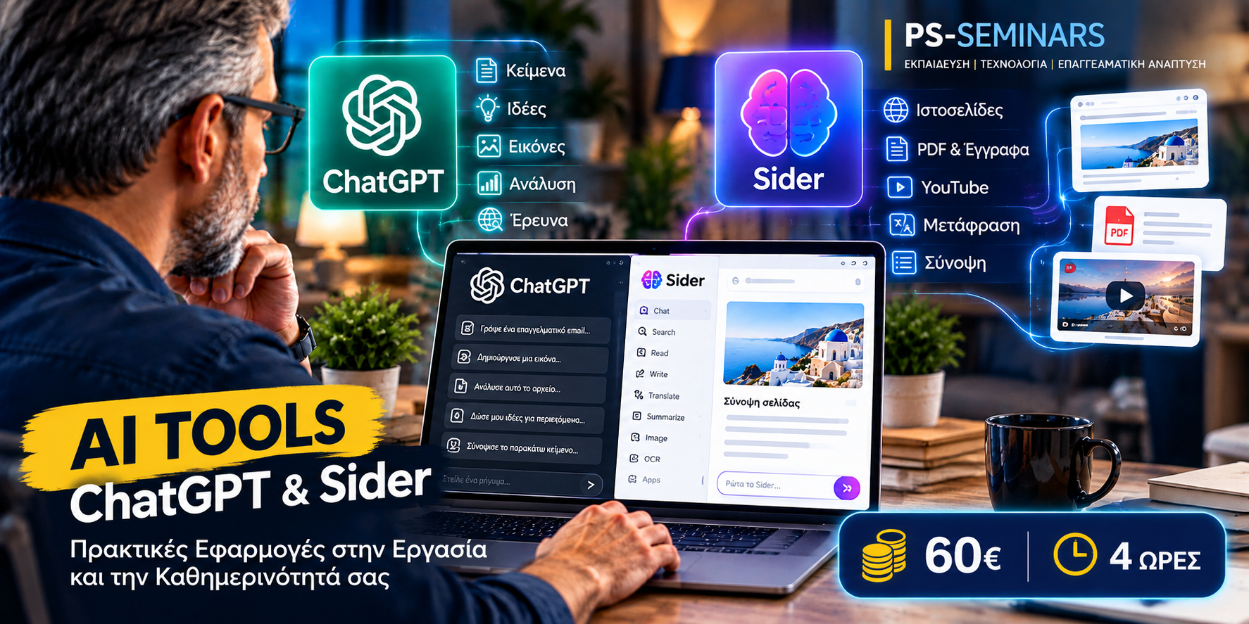 Κείμενο «SIDER AI» σε λευκό χρώμα πάνω σε φόντο με μπλε και ροζ φωτεινές ραβδώσεις.