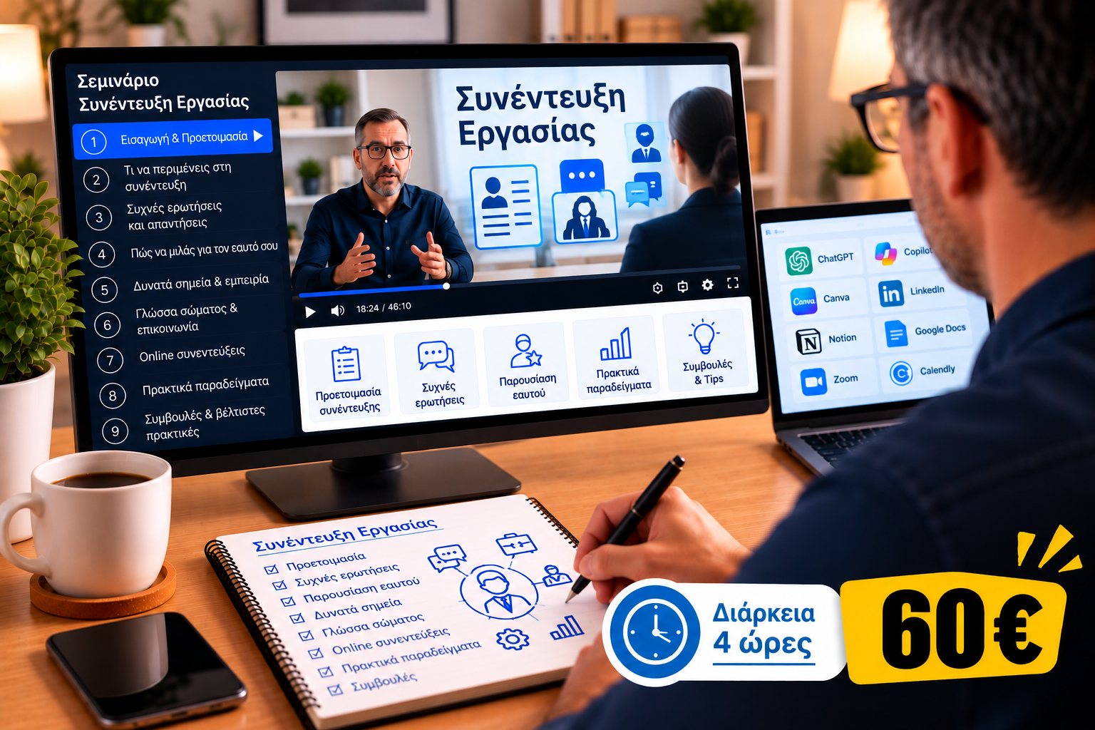 Γυναίκα με λευκό πουκάμισο και μπλε σακάκι κοιτάζει σε μια επαγγελματική συνάντηση.