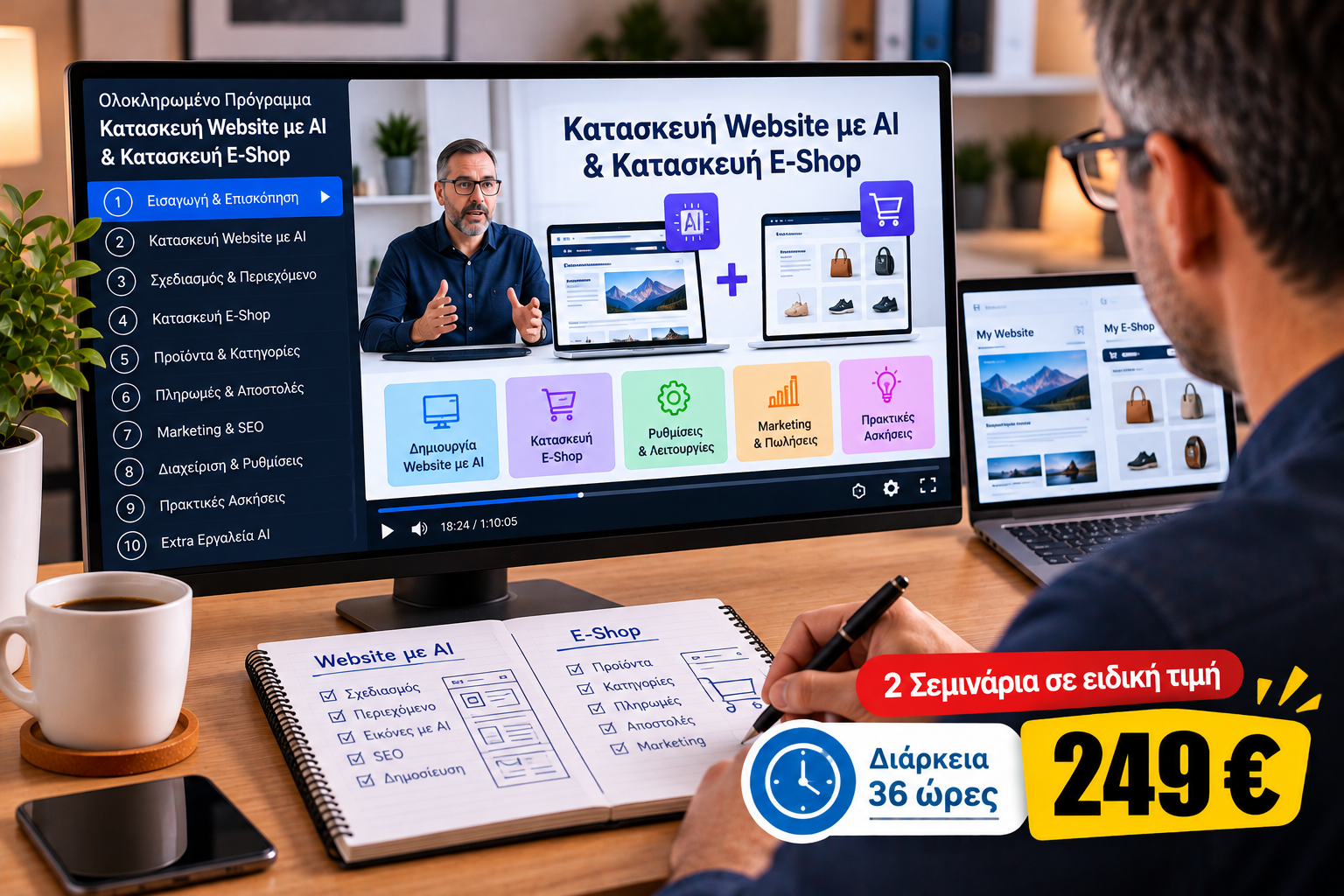 Άνδρας σε διπλές οθόνες επεξεργάζεται έναν πίνακα ελέγχου ηλεκτρονικού καταστήματος με εικονίδια αγορών και τεχνητής νοημοσύνης που αιωρούνται τριγύρω