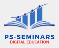 Λογότυπο για τα PS-Seminars με ένα μπλε βιβλίο, ένα αναπτυσσόμενο γράφημα και κείμενο «Ψηφιακή Εκπαίδευση».