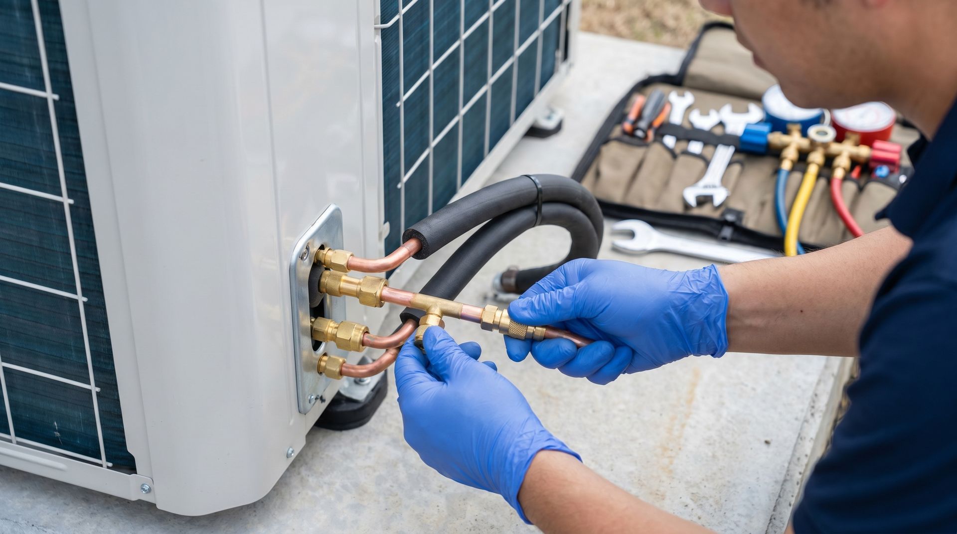 Professional air conditioning contractor installing copper coolant lines.