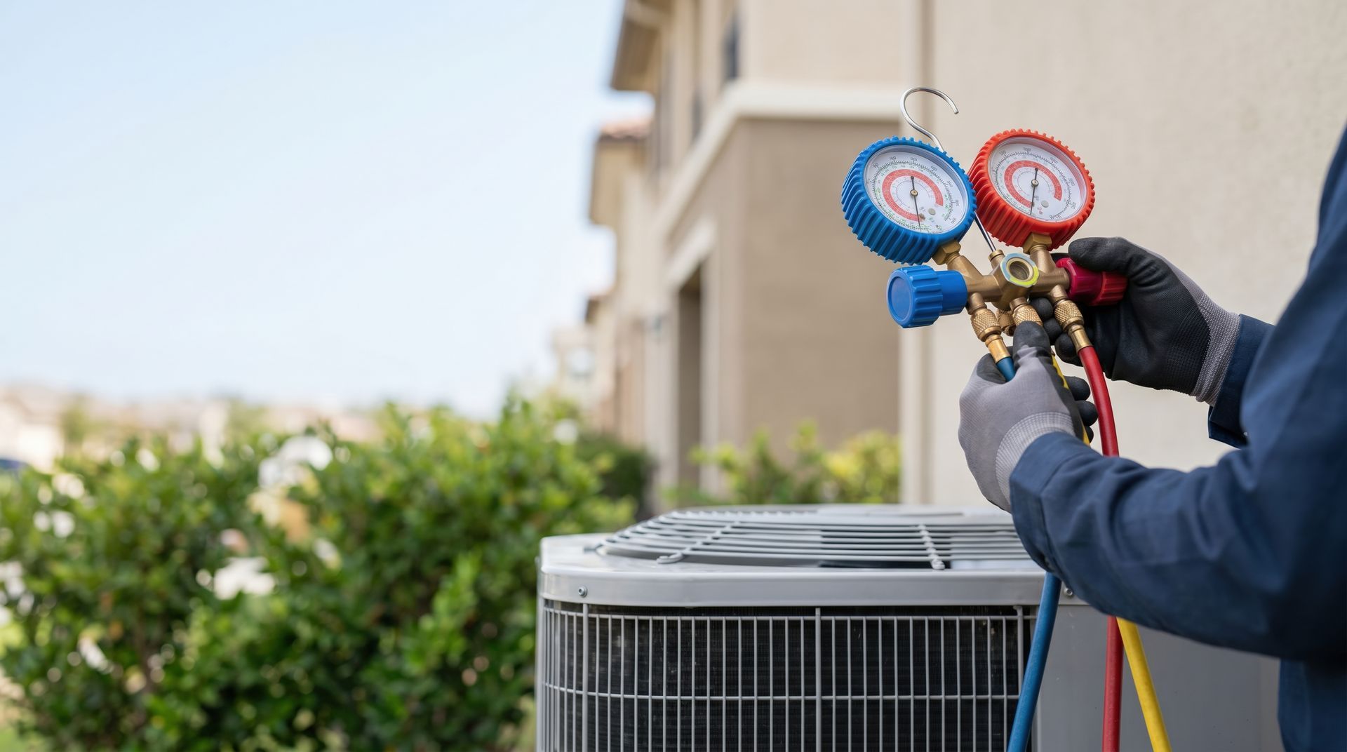 Commercial AC contractor checking refrigerant levels with manifold gauges on an outdoor condenser.