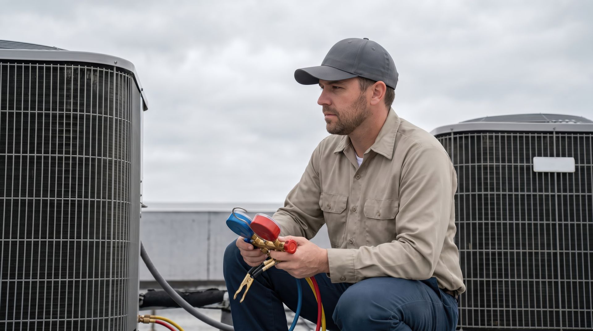 Air conditioning contractor in gloves removing a green filter from a wall-mounted mini-split unit. Commercial AC contractor kneeling between rooftop condenser units, holding a refrigerant gauge set.