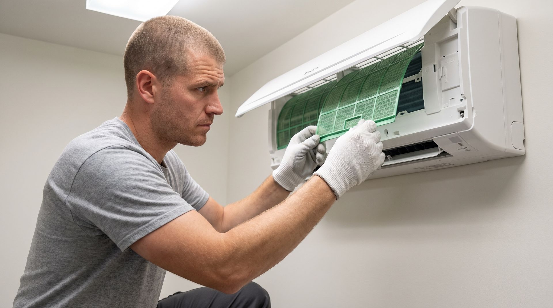 Air conditioning contractor in gloves removing a green filter from a wall-mounted mini-split unit. Air conditioning contractor in gloves removing a green filter from a wall-mounted mini-split unit.