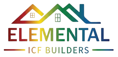 Elemental ICF Builders logo with multicolor roofline and brown-green text on white background
