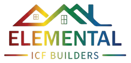 Elemental ICF Builders logo with multicolor roofline and brown-green text on white background