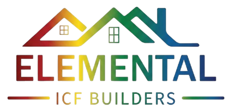 Elemental ICF Builders logo with multicolor roofline and brown-green text on white background