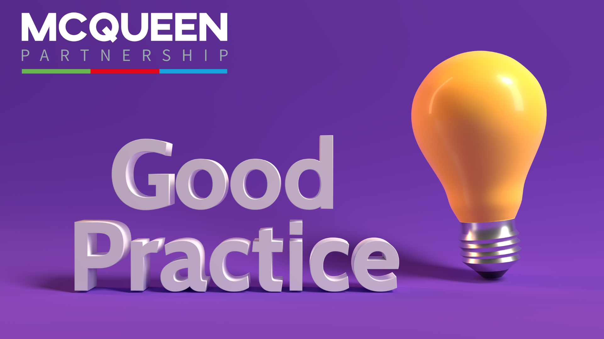 A purple background with a light bulb and the words good practice
