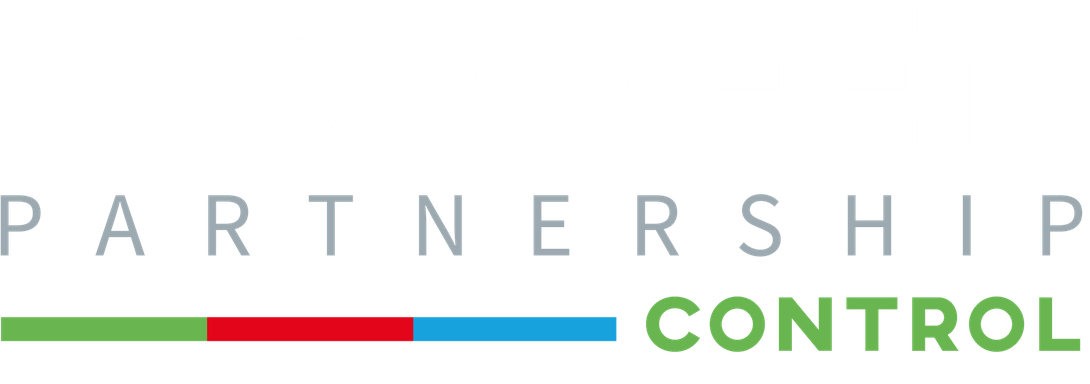 A logo for partnership control with a green , red , and blue stripe.