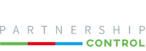 A logo for partnership control with a green , red , and blue stripe.