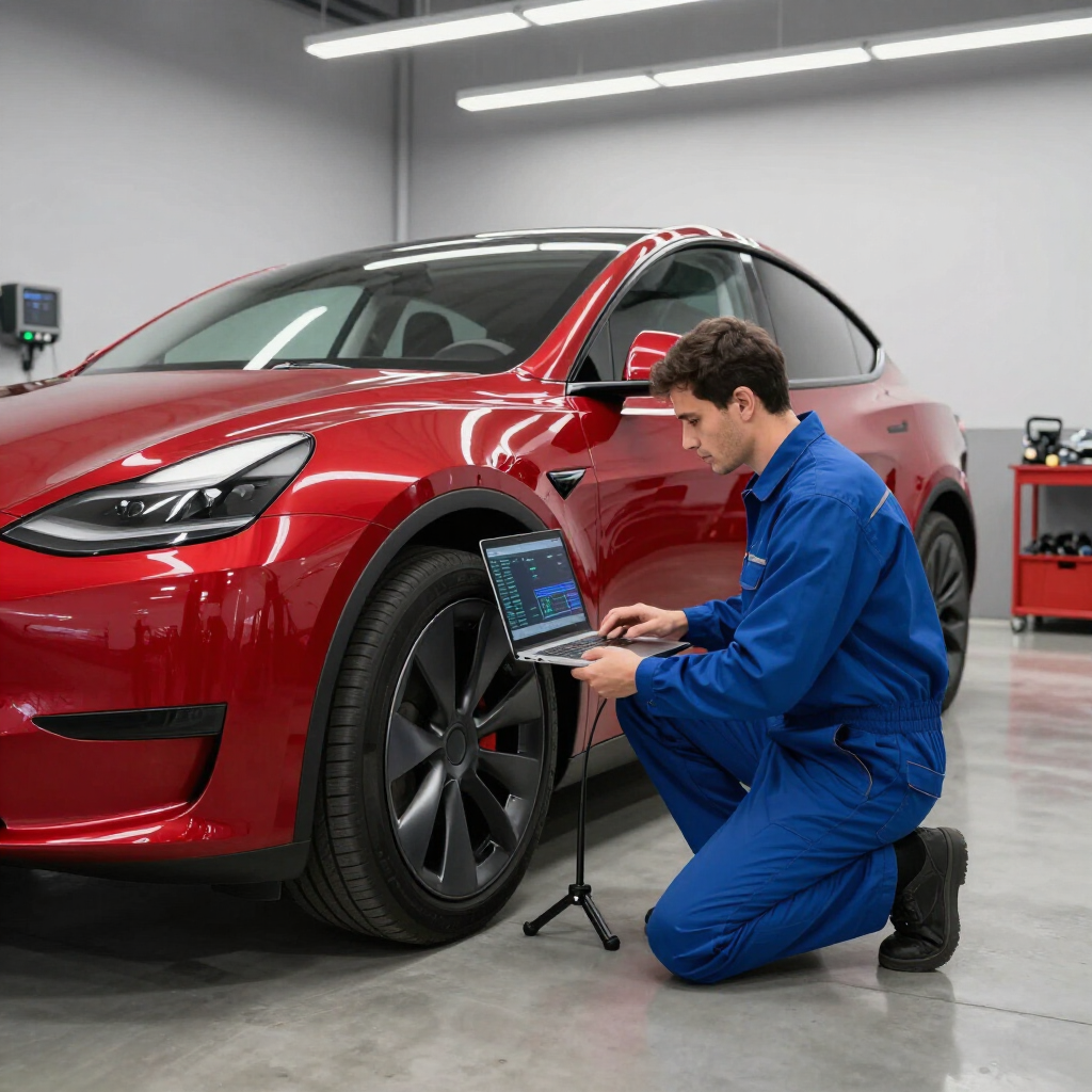 Technician testing a Tesla 12V auxiliary battery